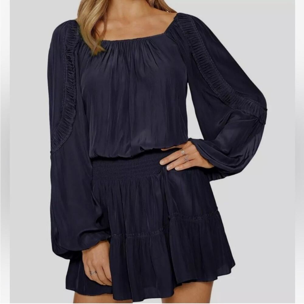 Ramy Brook Long Sleeve Smocked Waist Silvy Mini Dress Navy Blue Size XS